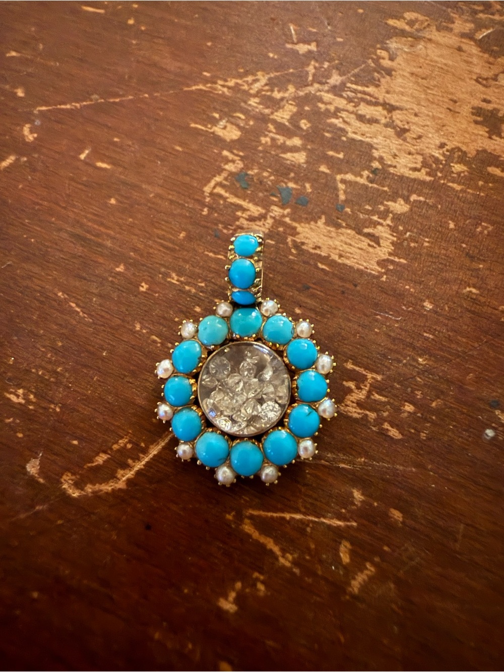 Antique Victorian Turquoise + Pearl Beaded Diamond “Shaker” Locket Charm